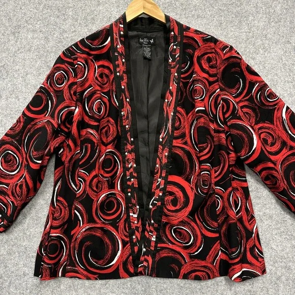 Ivy Chic Open Front Jacket Women's Size 2X Red Black Abstract Swirl Studded Trim - Picture 2 of 12